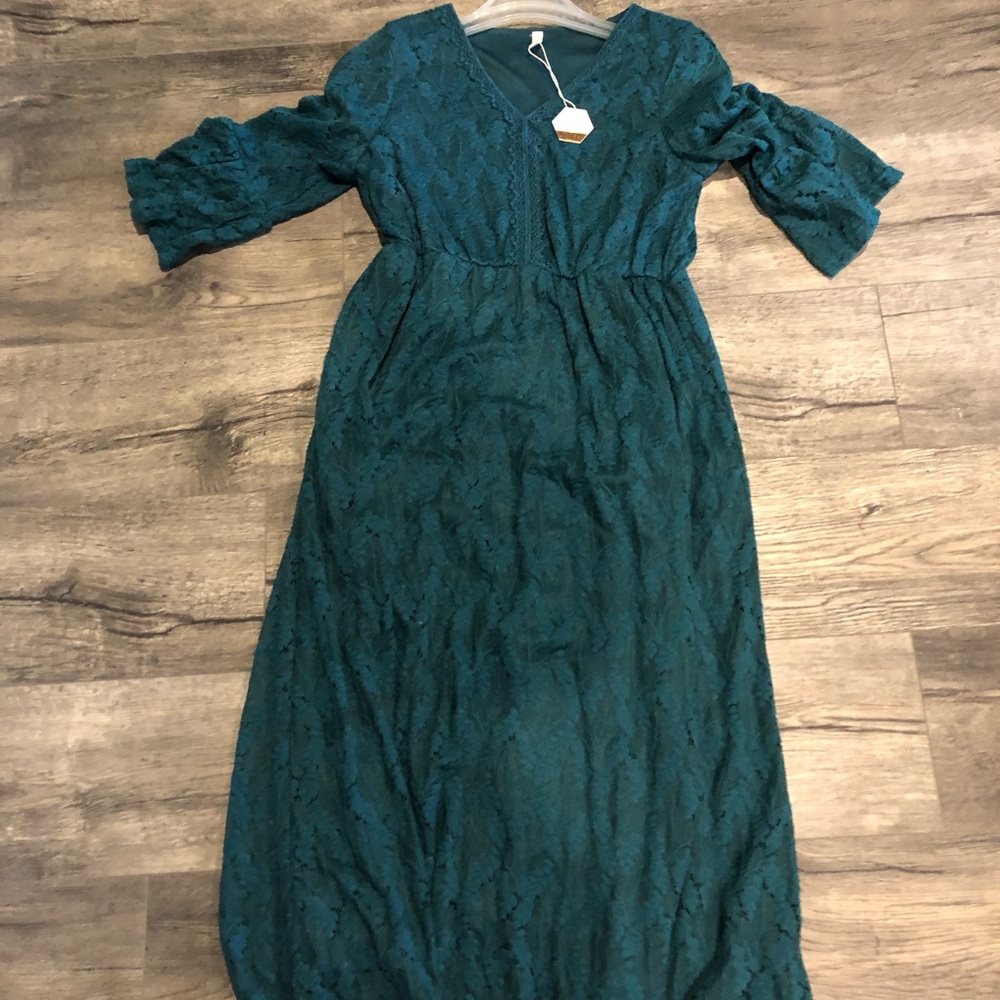 Turquoise green lace midi dress—pink blush